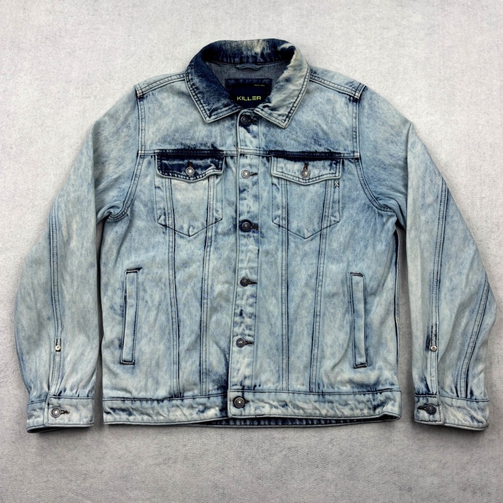 Killer Denim Jacket Mens L Acid Wash Blue 100 Cotton Trucker Jean Coat KJ 983